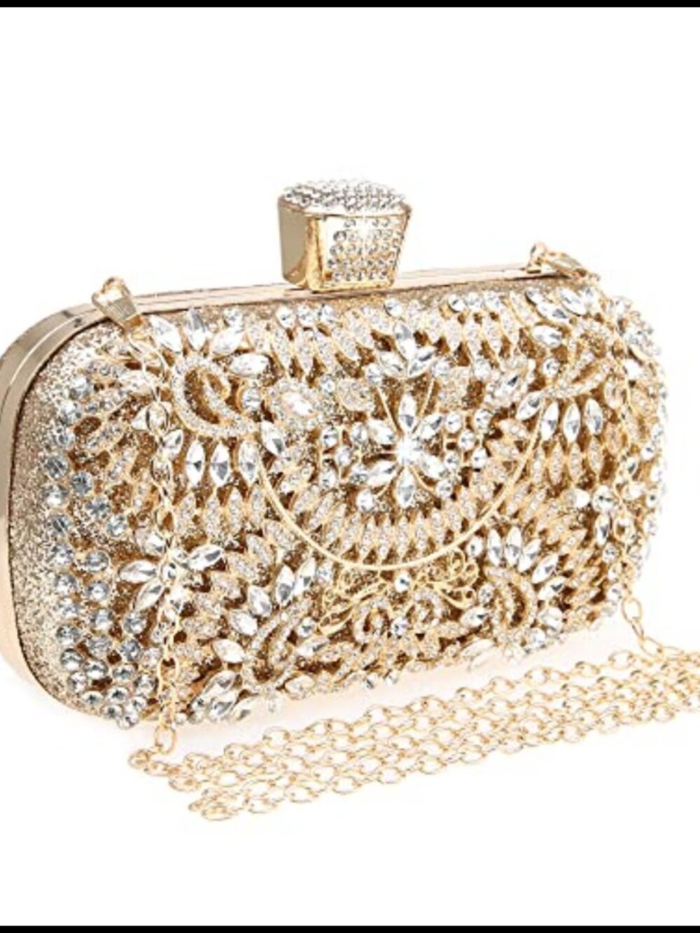 Rhinestone Sequin Clutch Evening Bag Metal Frame Removable Chain